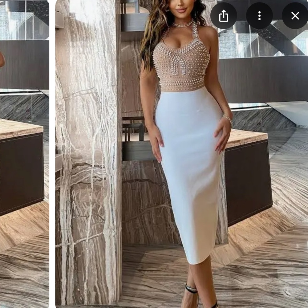 White Pearl Embellished Crop Top and Skirt Set